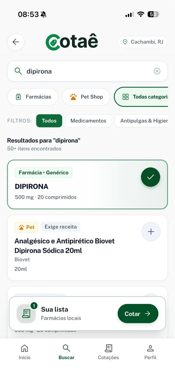 Tela de busca do app Cotaê com dipirona adicionada à lista de cotação