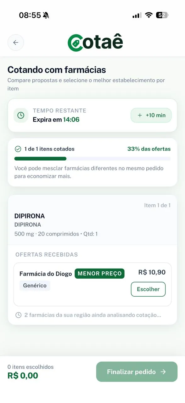 Tela de cotação em andamento do app Cotaê com a oferta de menor preço destacada